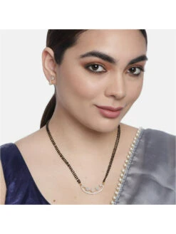 Laida Gold-Plated Premium Ad-Studded Pendant & Balck Beaded Mangalsutra With Earrings