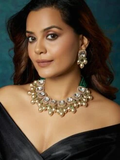 Joules By Radhika Gold Tone Kundan Polki Beige Necklace Set