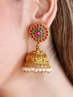 Azai By Nykaa Fashion Ethnic Gold Temple Jhumkis With Multi-Coloured Stones