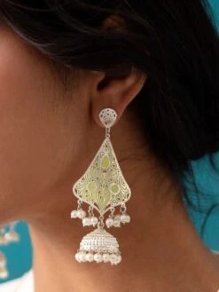 Likha Silver Dual Tone Intricate Jhumkis With Chandelier & Pearl