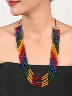 Ratnavali Jewels Five Layer Multi-Colour Real Red Green Blue Onyx Stone Beads Necklace