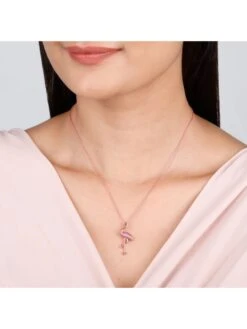 GIVA Sterling Silver Rose Gold Zircon Flamingo Pendant With Link Chain For Womens And Girls