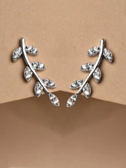CLARA 925 Silver Rhodium Plated Swiss Zirconia Leaf Ear Cuffs Earrings For Women & Girls