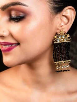 AG'S Black Crystal Beads Gold Plated Kundan Earring