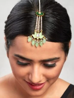 Ahaanya Blooming Lotus Green Enamelled Pearl Strand Maang Tikka
