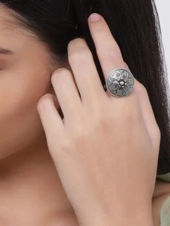 GIVA 925 Oxidised Silver Flower Shield Adjustable Ring For Women