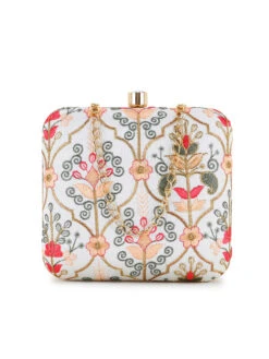 Anekaant Vista Off White & Pastel Multi Faux Silk Damask Embroidered Clutch