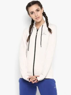 Alcis Women Cream-coloured Ribbed Hooded Sporty Jacket