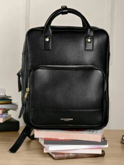 Accessorize London Womens Faux Leather Black Pocket Handle Backpack With 12 Inch Laptop Sleeve
