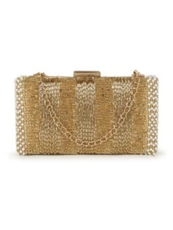 Anekaant Adorn Gold And White Striped Embellished Faux Silk Clutch