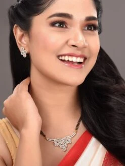 Saraf RS Jewellery Gold Plated Black White AD -Studded & Beaded Mangalsutra With Earrings