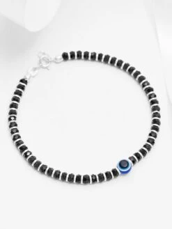 Zavya Black Beads With Evil Eye 925 Silver Bold Bracelet In Silver Chain
