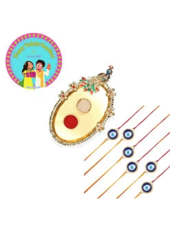 Accessher Elegant Rakhi Pack Of 6 With Acrylic Golden Pooja Thali, Rice Roli & Card