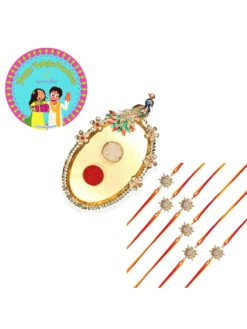 Accessher AD Premium Rakhi Pack Of 6 With Golden Pooja Thali, Rice Roli & Card