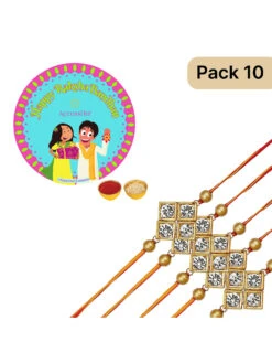 Accessher Gold Color Brass Rhinestone Rakhi Pack Of 10 With Rice Roli & Card