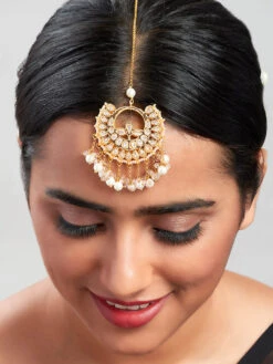 Ahaanya White And Pink Pearl Drop Kundan Polki Ethnic Maang Tikka