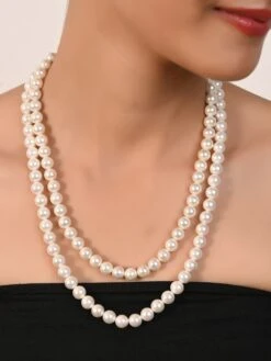 Ratnavali Jewels Two Line 8mm White Round Pearl Beads Long Necklace
