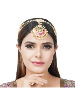 Auraa Trends 22Kt Gold Plated Kundan Traditional Red And Green Mathapati For Women