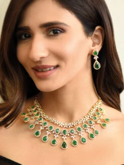 Fida Luxurious American Diamond And Green Stone Studded Layered Jewellery Set For Women