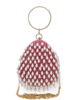 Anekaant Dangle Fuchsia And Off White Satin Pearl Embellished Clutch