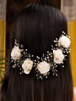Saraf RS Jewellery White Rose Pearl Beaded Designer Bridal Hair Accessory
