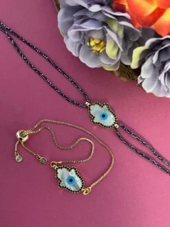 Digital Dress Room Ad Studded Hamsa Evil Eye Rakhi Thread & Bracelet For Brother-Bhabhi (Pack Of 2)