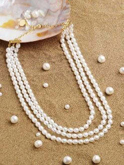 Zaveri Pearls Off White Fresh Water Rice Pearls AAA+ Quality 3 Layers Necklace-ZPFK11000