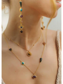 ZARIIN 22Kt Gold Plated Multi Stone Healing Layered Pendants Necklace