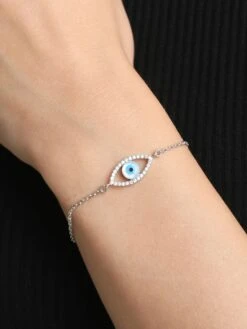 CLARA 925 Silver Adjustable Rhodium Plated Evil Eye Halo Swiss Zirconia Bracelet Gift For Women