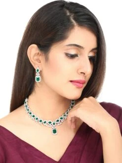 Yellow Chimes Emerald Green Silver -toned AD Studded Handcrafted Jewellery Set