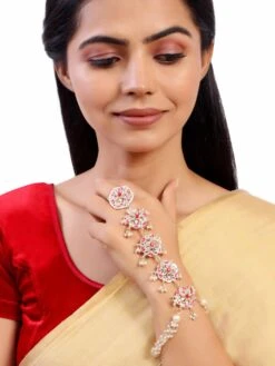 Accessher Gold Plated Kundan Enamel Pearl Studded Bracelet With Adjustable Finger Ring