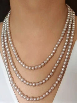 Estele Rhodium Plated Elegant 3 Line Pearl Necklace For Women