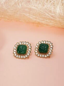 Designbox Gold Tone Stud Earrings With Green Colored Stone