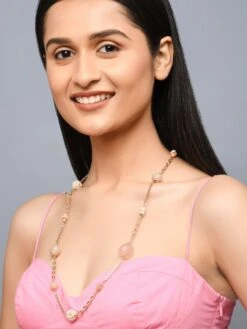 ToniQ Stylish Gold Plated Pink Beaded Long Necklace For Women