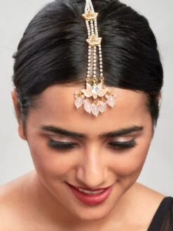 Ahaanya Blooming Lotus Pink Enamelled Kundan Polki Maang Tikka