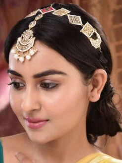 Saraf RS Jewellery Gold Plated Ad Studded Pearl Beaded Bridal Matha Patti With Maangtika -Gemischtwarenladen Für Damenmode 9cea4c2SJMP1797 2