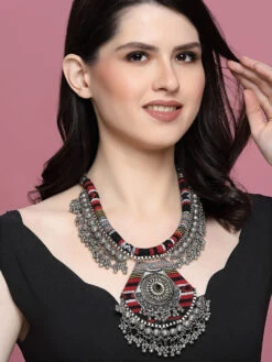 PANASH Silver-Plated Hanging Ghungroos Fabric Handcrafted Boho Necklace