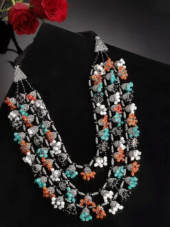PANASH Oxidized Silver-Toned Multi-Color Beaded Handcrafted Layered Necklace
