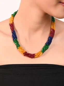 Ratnavali Jewels Five Layer Twisted Multi-Color Real Red Green Blue Onyx Stone Beads Necklace