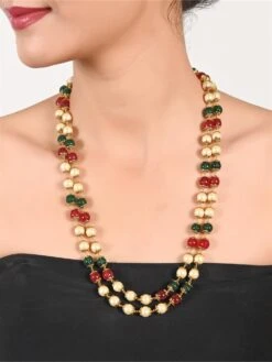 Ratnavali Jewels Dual Layer Multi-Colour Real Red Green Golden Pearl Beads Necklace
