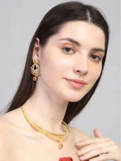Yellow Chimes Rhodium Plated White And Gold-Toned Ad Studded Necklace (Set Of 2)