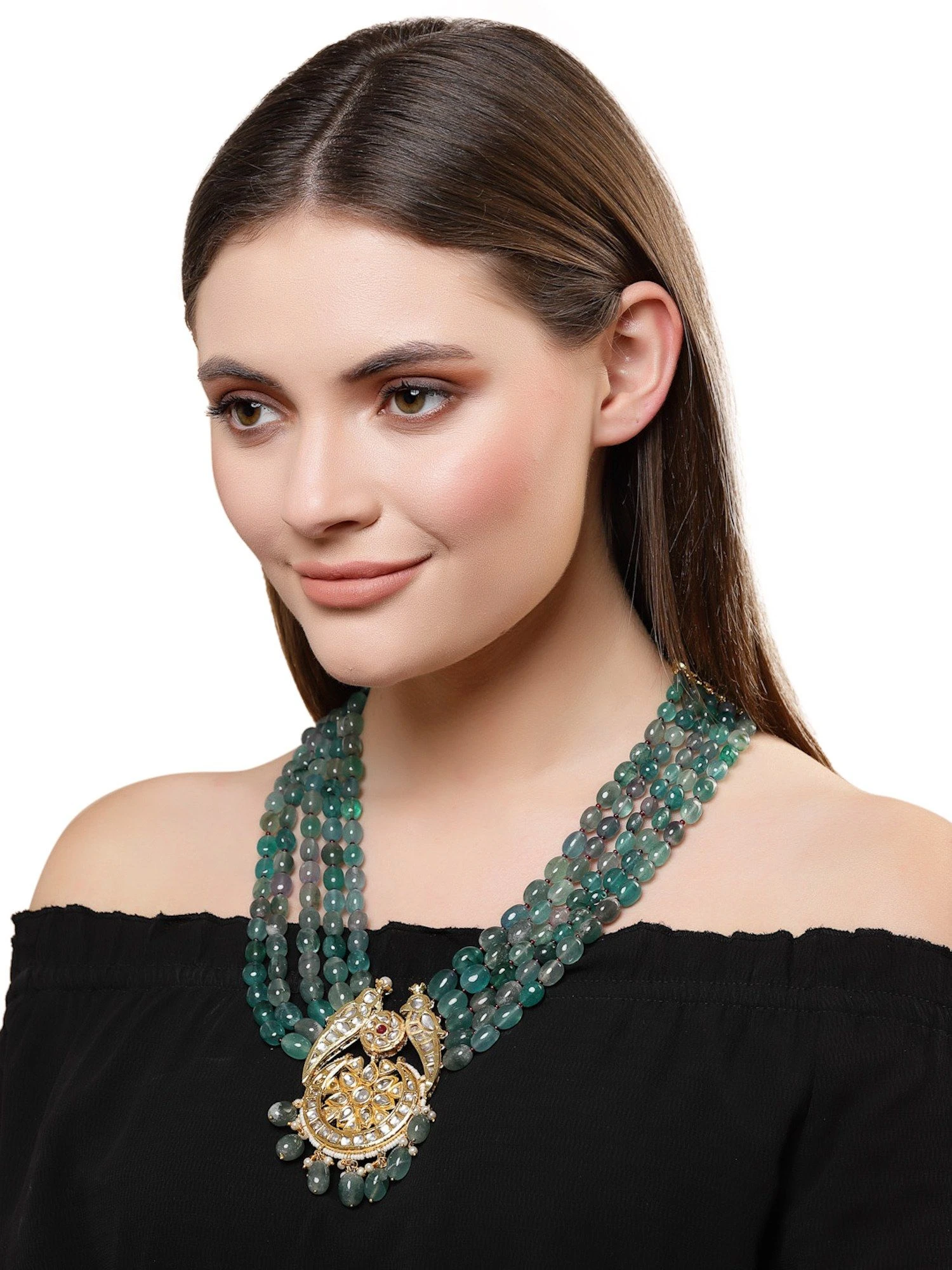 Dugran By Dugristyle Green And Gold Haar Necklace With Kundan & Pearls 3 Dugran By Dugristyle Green And Gold Haar Necklace With Kundan & Pearls