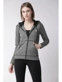 Alcis Women Charcoal Grey Self Design Hooded Sporty Jacket