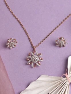 CLARA 925 Silver Rose Gold Rhodium Plated Swiss Zirconia Anna Pendant Earrings Chain Set