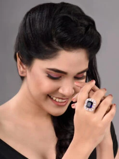 Saraf RS Jewellery Rose Gold Plated Blue Studded Adjustable Cocktail Finger Ring