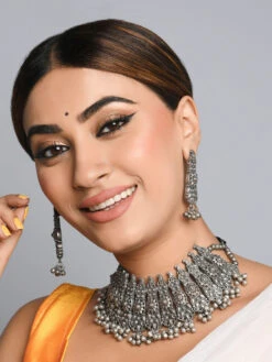 Fida Ethnic Silver Plated Floral Tribal Choker Necklace For Women (Set Of 2)