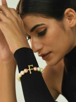 Elaa Initial Bracelet F With Multi Pastel Pearl