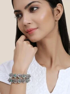 Anika's Creations Silver-Toned Pink & Green Oxidised Stone Studded Bangles (Set Of 2)