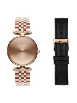 Nordgreen Unika 32mm Rose Gold Brushed Metal Dial With 5 Link & Black Leather Watch Strap (M)