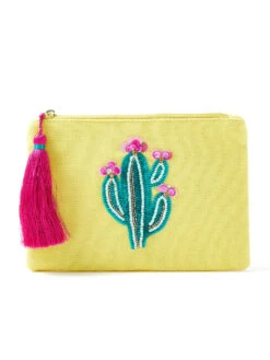 Accessorize London Women's Cotton Yellow Cactus Pouch